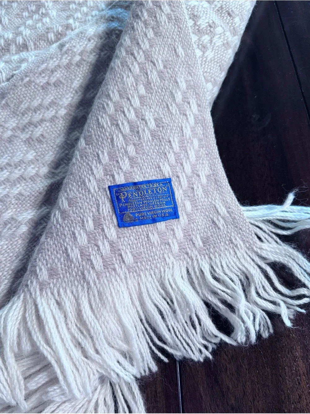 Vintage Pendleton Cream Textured 100% Virgin Wool Blanket with Fringe